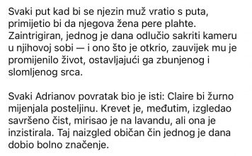 Svaki put kad bi se njezin muž vratio s puta, vidio bi svoju ženu kako pažljivo pere plahte. Zaintrigiran, jednog je dana odlučio sakriti kameru u njihovoj spavaćoj sobi — i ono što je otkrio zauvijek mu je promijenilo život, ostavljajući ga posramljenog i slomljenog srca.