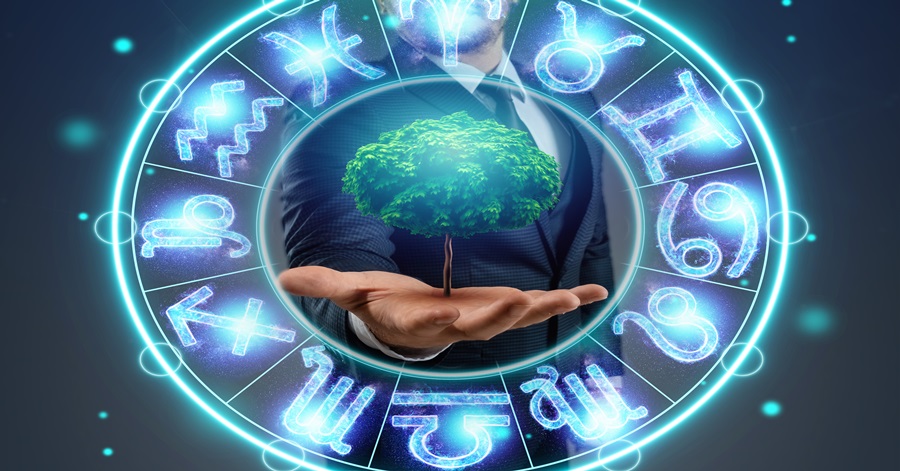 The concept of a horoscope, a circle with the signs of the zodiac on a background of greenery, astrology. Consulting with the stars.